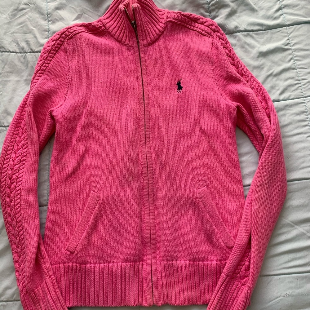Ralph Lauren full zip cable knit sweater pink